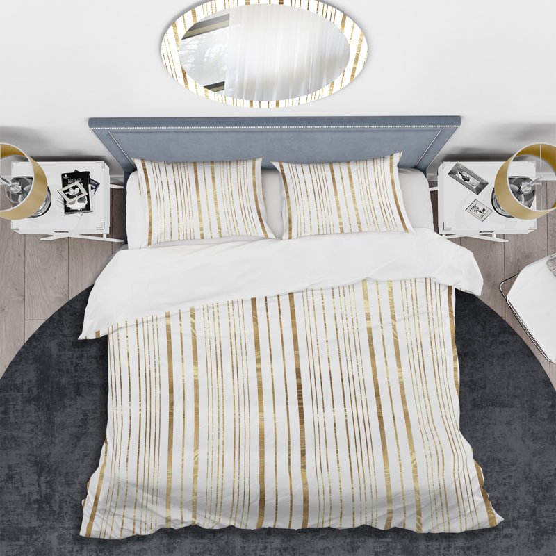 Ensemble de housse de couette glam or blanc à rayures fines Glamour, Housse de couette simple + 2 taies décoratives st