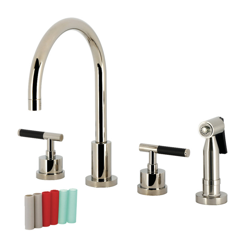 Kingston Brass Kaiser Double-Handle 4-Hole Widespread Kitchen Faucet with Brass Sprayer, Polished Nickel