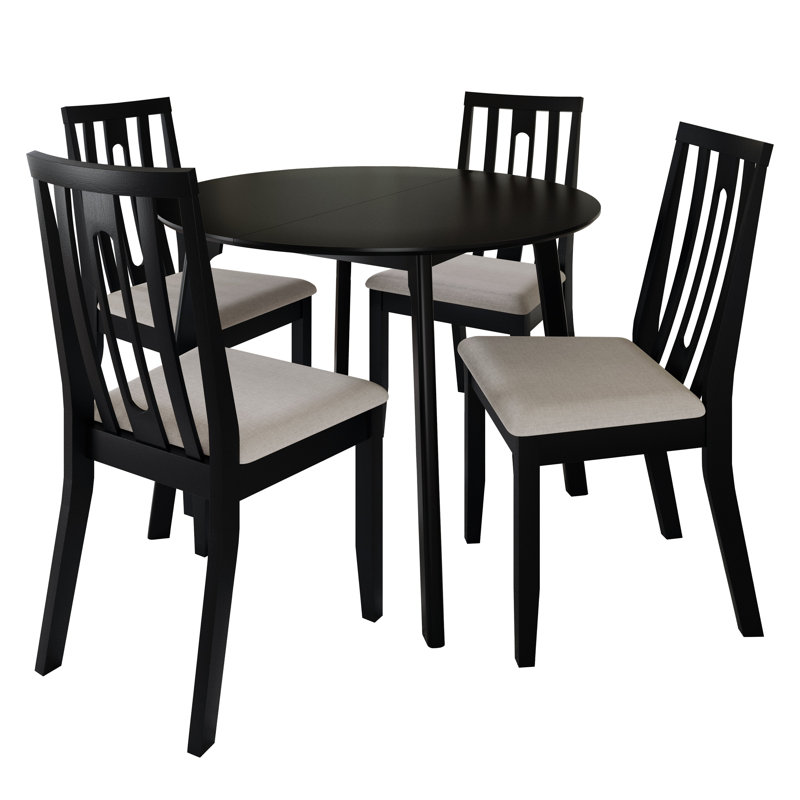 Ensemble de salle à manger 5 pièces avec table ronde noire et chaises à dossier vertical en lattes rembourrées noires, Noir
