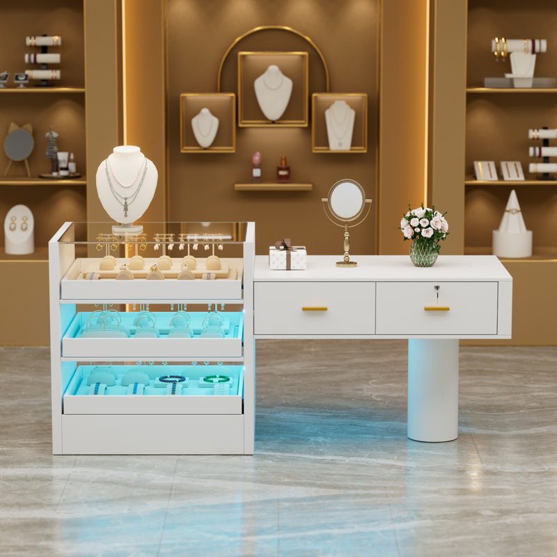 Grand bureau de réception de 63 po avec lumière DEL et tablette en verre, table de réception moderne avec tiroirs verrouillables, comptoir de caisse pour le hall d'entrée, salon, bureau à domicile