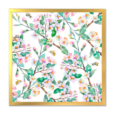 Motif printanier avec branches en fleurs et abeilles - Peinture sur toile