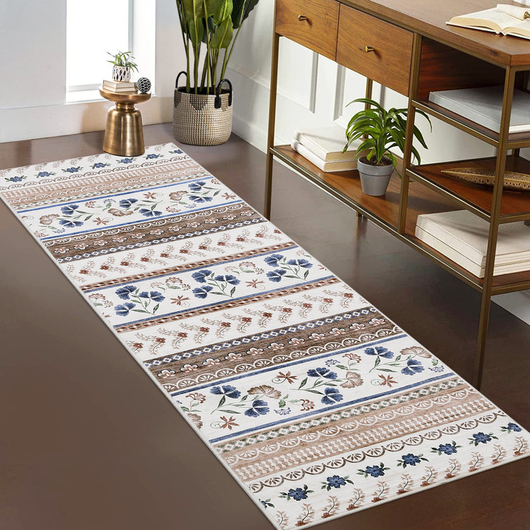 Floral Machine Washable Rug with Rubber Non-Slip Backing for Living Room, Dining Room, Bedroom, Office & Playroom