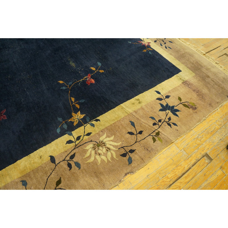 Tapis bleu antique en laine Art Deco