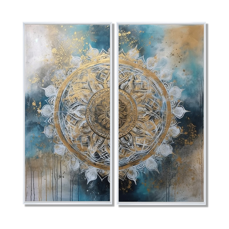 Bleu sarcelle et mandala doré III - motifs géométriques boho mandala sur toile, 2 panneaux, 40" H x 40" W, White