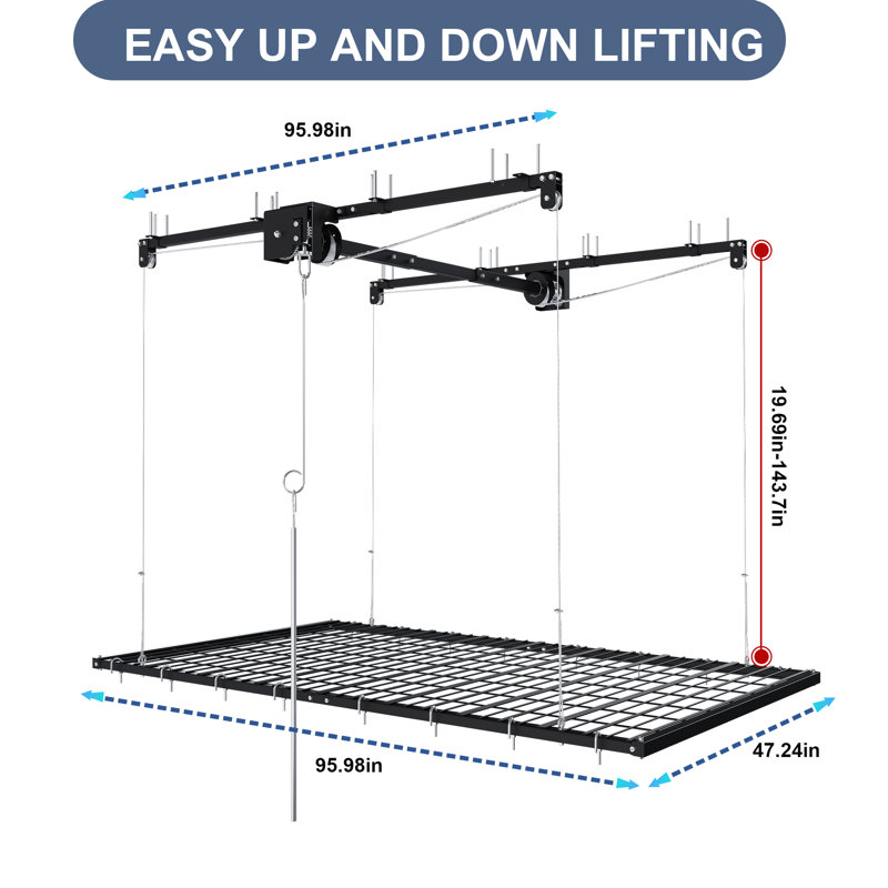  Support de rangement pour garage suspendu 4 x 8 pi, organisateur de plafond à manivelle pour garages de 10 à 12 pi, élévateur de 325 lb, noir