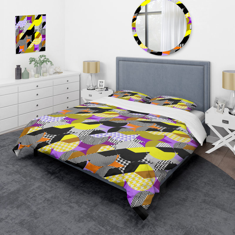 Multicolor Geometric Patchwork - Abstract Duvet Cover Set - Microfiber Polyester, King Duvet Cover + 2 King Shams