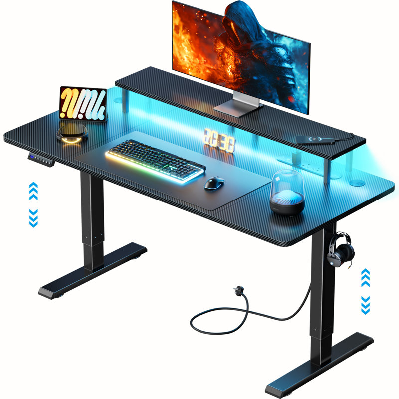 LED Electric Standing Sitting Desk, Gaming Desk with Built-In Socket & USB Port, Computer Table with Monitor Stand, 3 Memory Functions, Gaming Table Black