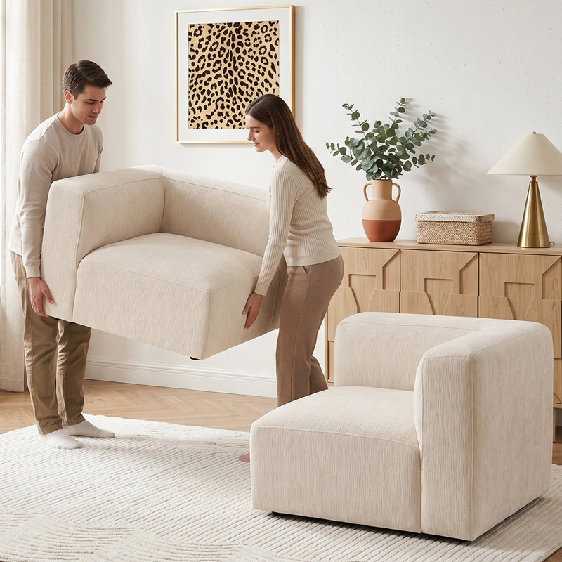 Canapé modulaire en chenille de 73 po de largeur avec repose-pieds, Beige