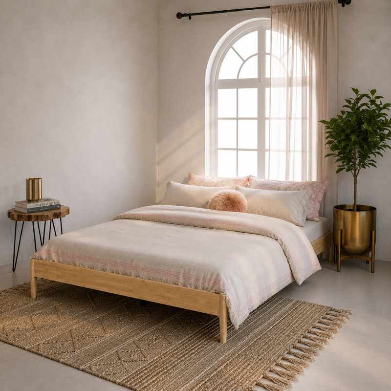 Structure de lit moderne en bambou massif avec support en lattes de bois, hauteur de 15 pouces, aucun sommier requis, Naturel