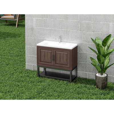 36" Freestanding Bathroom Cabinet, Smooth Ceramic Sink, Textured Faucet, Storage Doors 36 - Inch Vanity, Hot And Cold Water Doors, Oxidized Beautiful Frame For Outdoor