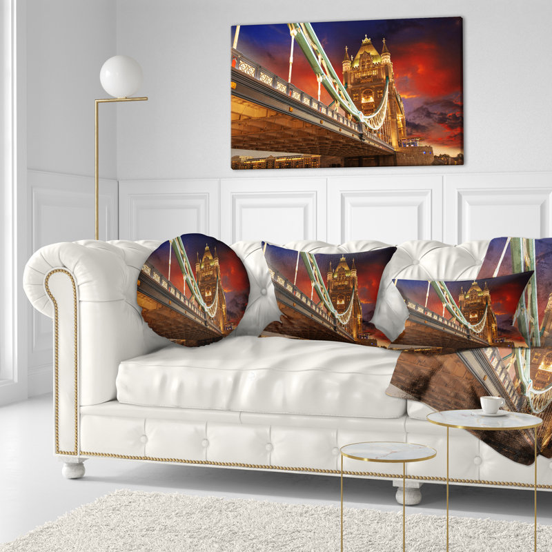 Cityscape Famous Tower Bridge at Night Lumbar Pillow