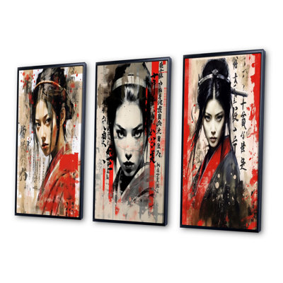 «Brave Japanese Woman Warrior Vintage Collage», 3 pièces sur toile