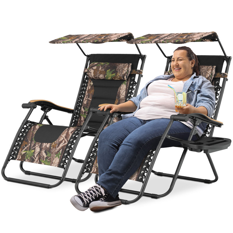 29" Zero Gravity Chairs, Folding Outdoor Patio Recliners with Canopy Shade, Headrest, and Side Tray, Jungle
