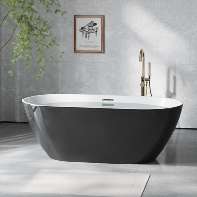 Baignoire autoportante en acrylique - Baignoire profonde ergonomique ovale avec trop-plein et drain chromés - Finition noire et blanc brillant - Parfait pour la salle de bain familiale ou d'invité - Couleur: Système par défaut_7, Taille: comme le montre