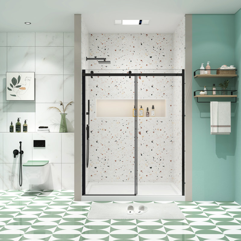 Porte coulissante en verre trempé de 5/16 po pour salle de bain - Noir mat, fuite et douche noire facile d'entretien avec rainure murale réglable