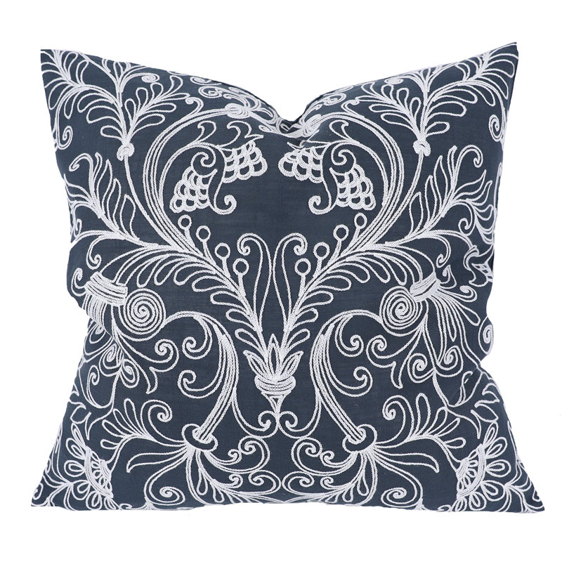 Navy Blue Floral Embroidered Jacquard Square Pillow