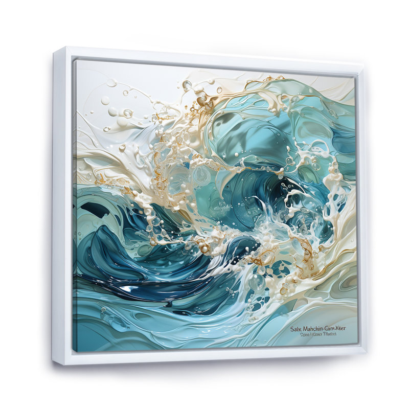 «Ocean Charm», art de vague liquide, H 30 po x l 30 po x P 1 po, Cadre flottant blanc