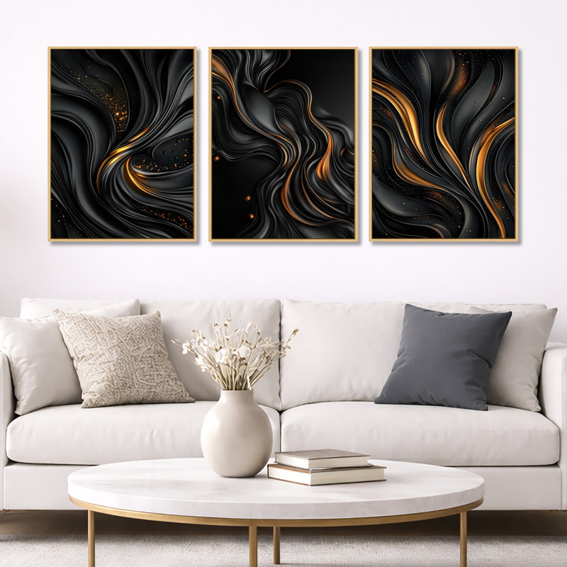 Quantum noir et feuilles dorées - ensemble d'art mural sur toile abstraite fractale de 3, H 32 po x l 72 po