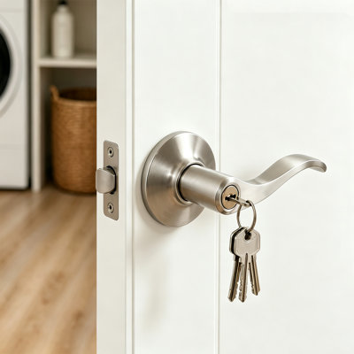 Dalle de porte intérieure avec cadre - porte en panneau de fibres à densité moyenne blanche en verre givré 5 Lite, ensemble de porte de style pré-suspendu avec charnières préinstallées, poignée argentée verrouillable incluse, pas de trous pré-percés