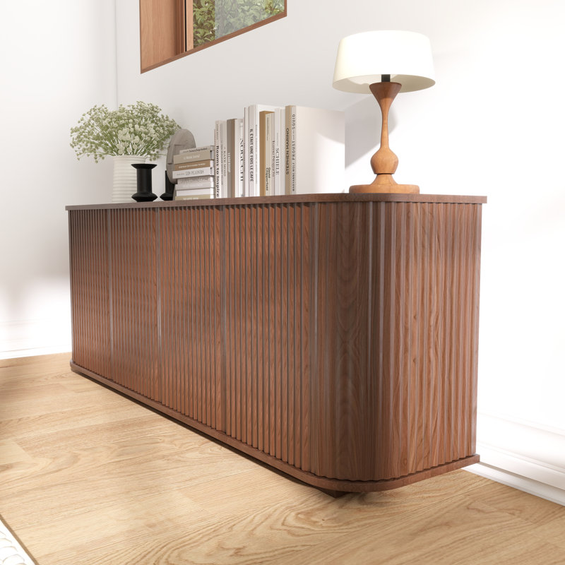 64''W Sideboard Storage Cabinet With Wave Pattern, Walnut