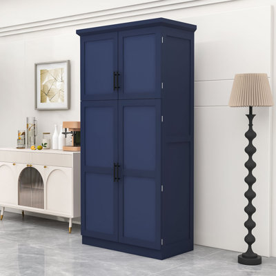 Freestanding Wooden Kitchen Pantry Cabinet with Adjustable Shelf, Pull-Out Trays and Safety Feature