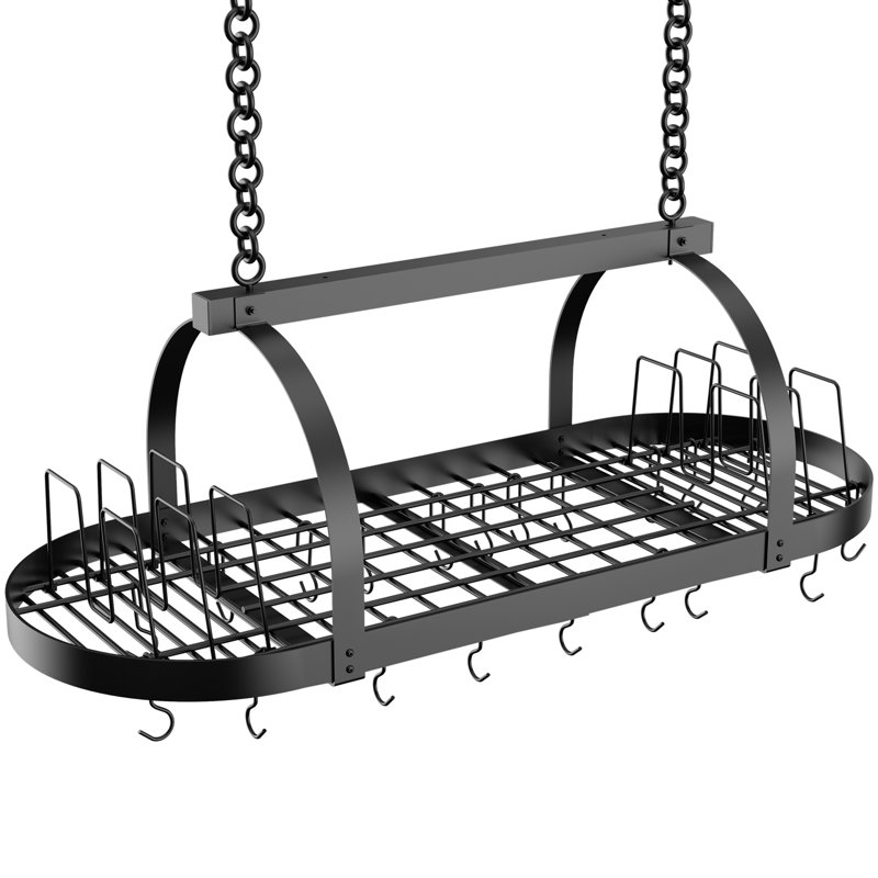 48 Inch Large Ceiling Pot Rack with Lid Organizer, Oval Heavy Duty Hanging Pot Rack for Kitchen Over Island with 20 Hooks, Matte Black