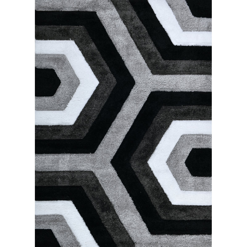 NYC Shag Performance Black Grey Area Rug, Rectangle 5'3" x 7'2", Black/White