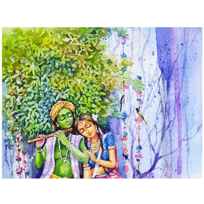 Radha Krishna sur Swing Together | Aquarelle sur papier | Par Sarat Shaw