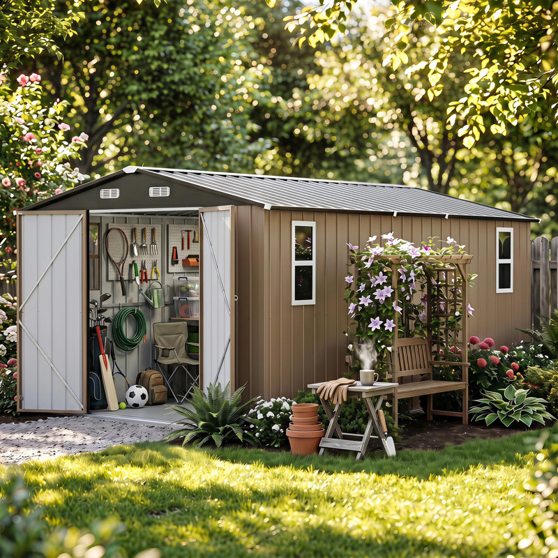 Abri de jardin Decksplore de 3 m de large x 4,25 m de profondeur avec abri à outils de jardin verrouillable en résine