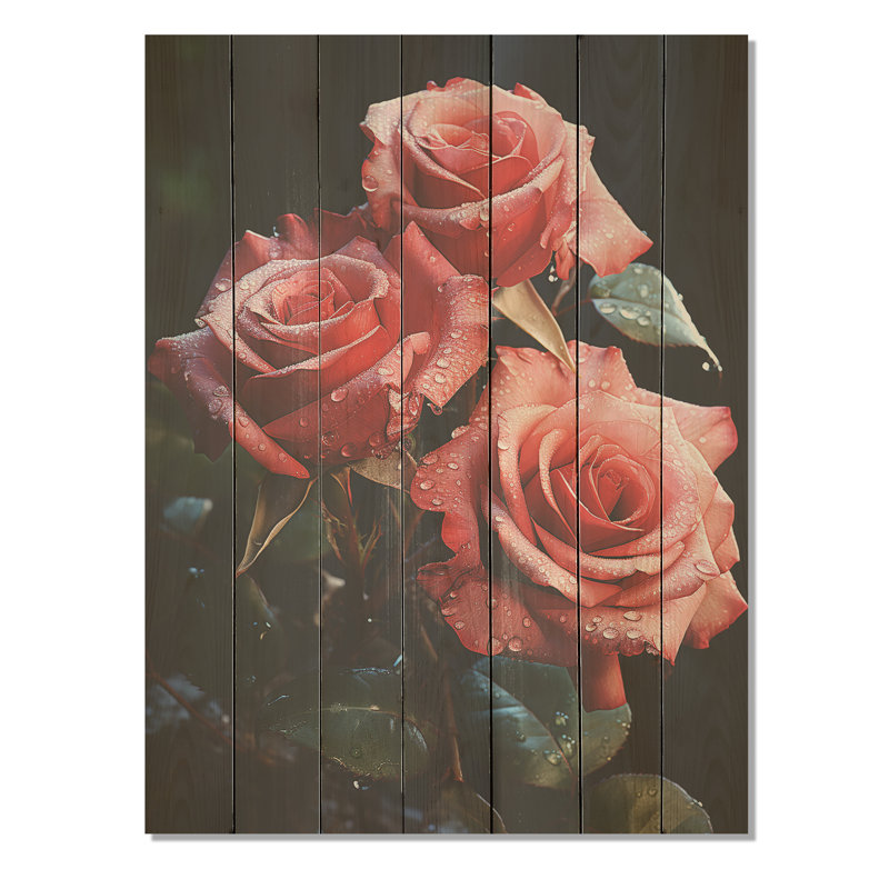 Rétro rose rouge rétro I - roses sur bois, H 20 po x l 10 po