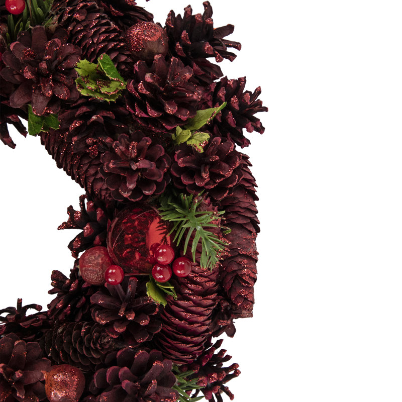 Red Pinecone Berry and Ornament Christmas Wreath 13.5-Inch Unlit