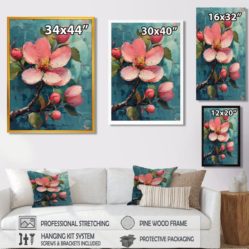 Rose, bleu, éclatant, fleur de pommier, Cadre flottant doré, H 16 po x l 32 po