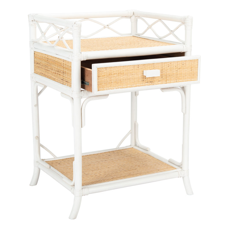 Elegant Boan Coastal Nightstand – 18.5'' W Wicker and Wood Bedside Table with Drawer & Chic Design, White/Natural