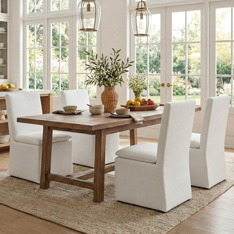 Chaise de salle à manger rembourrée en lin 21 po avec roulettes interchangeables et pieds fixes (ensemble de 4)