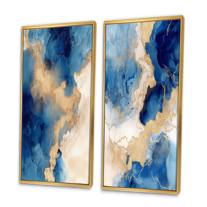 «Blue and Gold Marble Clouds VI», 2 pièces sur toile, Encadrement doré, H 32 po x l 32 po