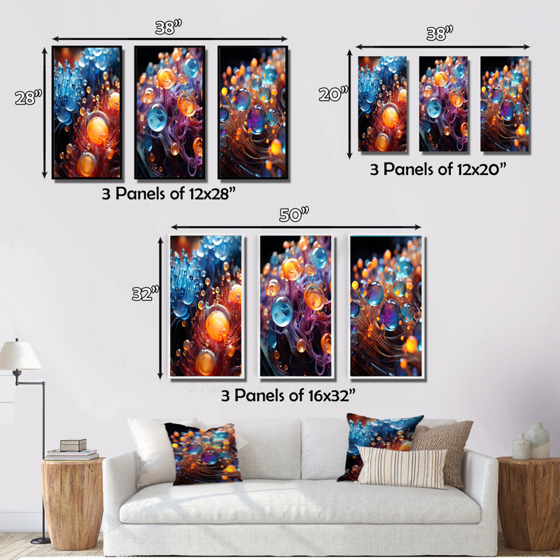 " 3D Molecules Macro Photography " 3 Piece Art Print, Natural Framed, 32" H x 48" W