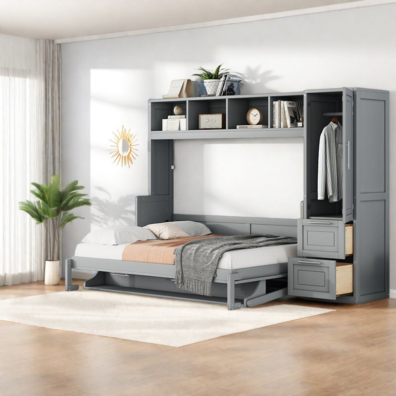 Lit double avec rangement peu encombrant, panneau de fibres à densité moyenne gris clair, moderne pour chambre d'amis