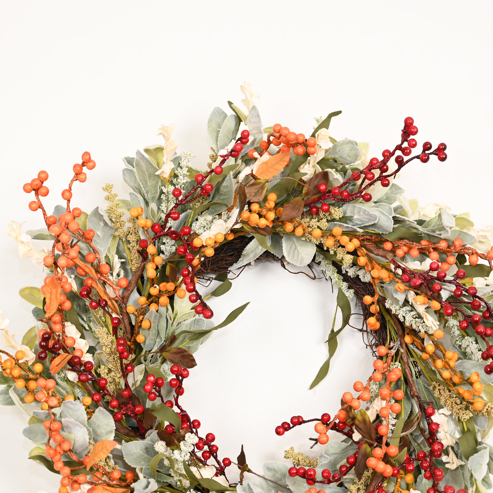 24" Artificial Rustic Thanksgiving Decor Lambs Ear Twig Berry Fall Harvest Front Door Wreath