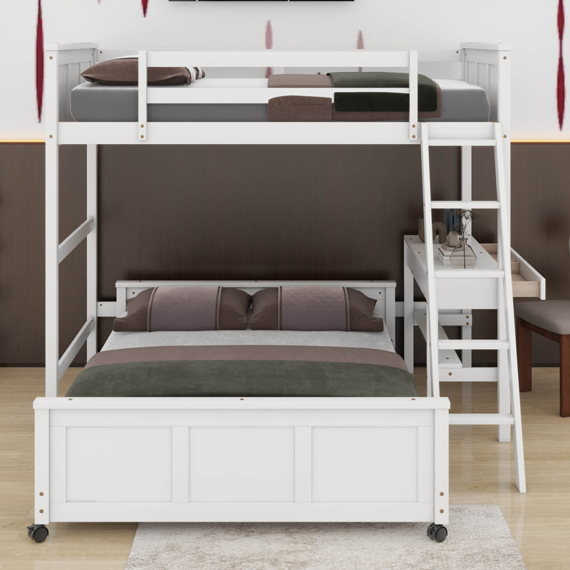 Lit simple superposé au dessus d'un lit double avec bureau, Blanc