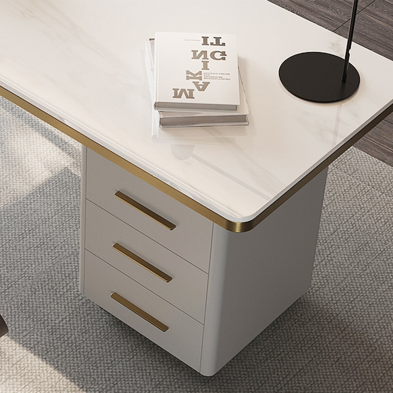 Bureau en pierre frittée avec tiroirs, 28.74" H x 62.99" W x 27.56" D, Doré / Blanc