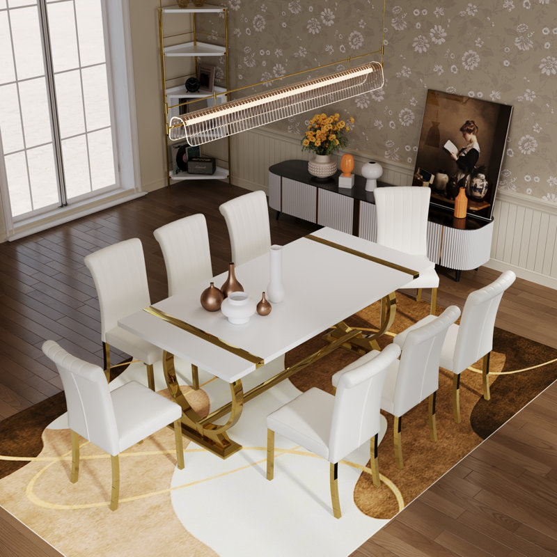 Ensemble de table de salle à manger 9 pièces de luxe blanc et or avec 8 chaises de salle à manger en cuir blanc, Blanc, Doré