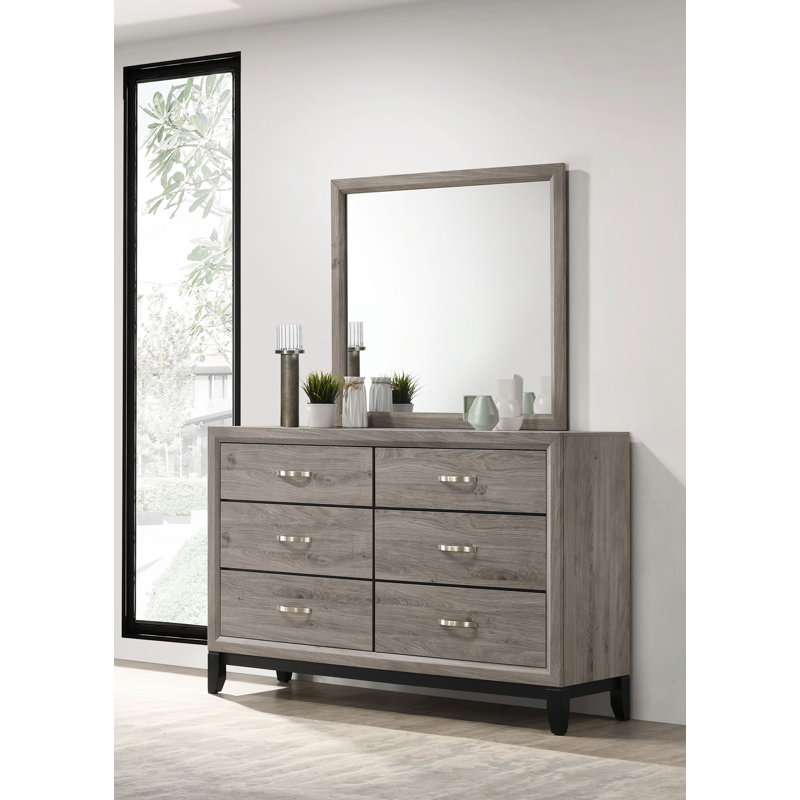 Commode 6 tiroirs avec miroir gris Ayeln, Gray Oak