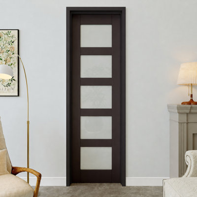 Porte prémontée noire à 5 carreaux (61 x 203 cm) avec chambranle noir, intérieur en verre dépoli, charnières noires, vitrage opaque, âme pleine insonorisée et étanche, idéale pour buanderie, placard, chambre, ouverture à gauche.