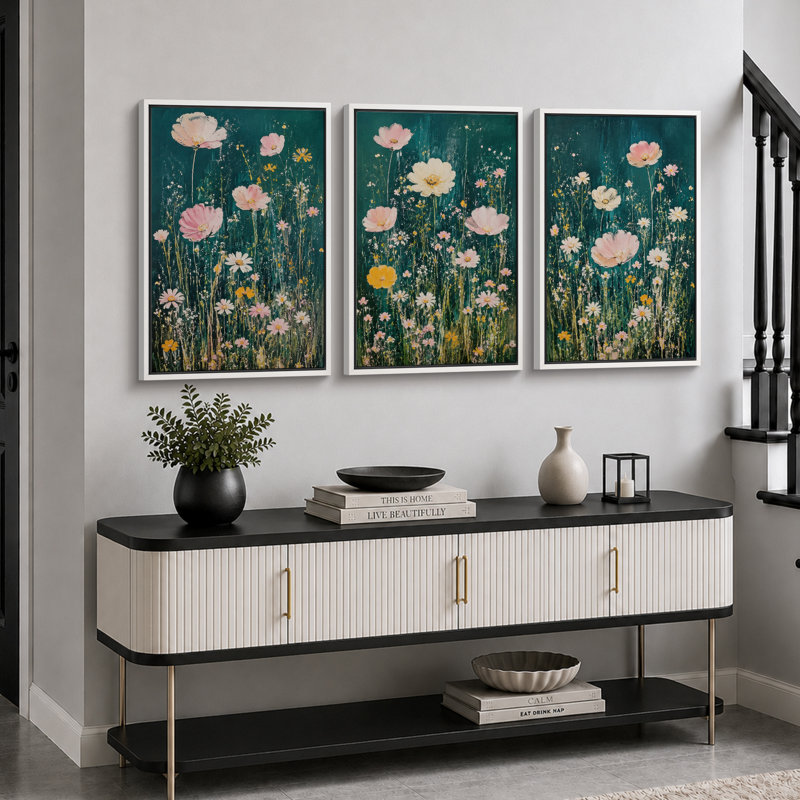 «Teal Wildflower Meadow», art de chambre à coucher, reproduction d'art sur toile encadrée, 36" H x 72" W x 1.5" D