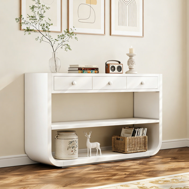 Modern Curved Console Table, 3 Soft-Close Drawers & 2 Open Shelves, Solid Wood Base, Entryway Table, White