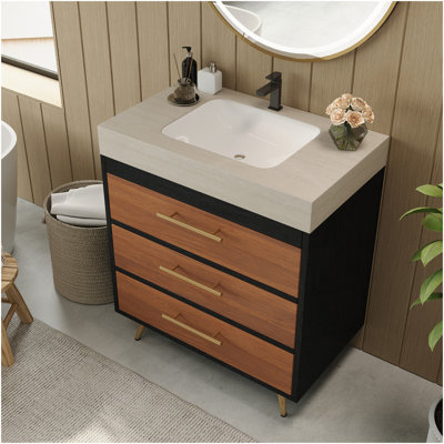 Meuble-lavabo autoportant moderne avec lavabo vasque en céramique et plateau en pierre frittée durable