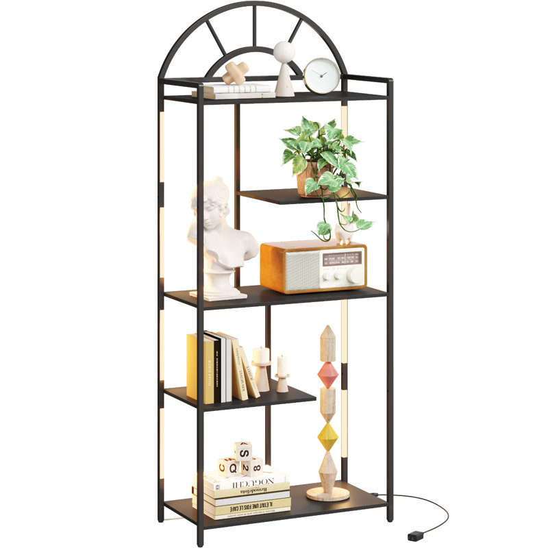Arched Geometric Led Display Shelf With Adjustable Colour Temperature, Brightness Control, Etagere Bookshelf With Metal Frame And Wood Shelf For Living Room, Bedroom, Curio Cabinet, Black