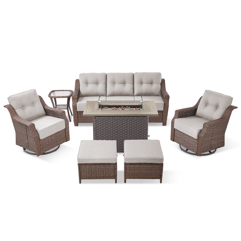 Ensemble de conversation d'extérieur en osier d'extérieur 7 pièces Elona avec glissières, repose-pieds et table d'appoint pour patio