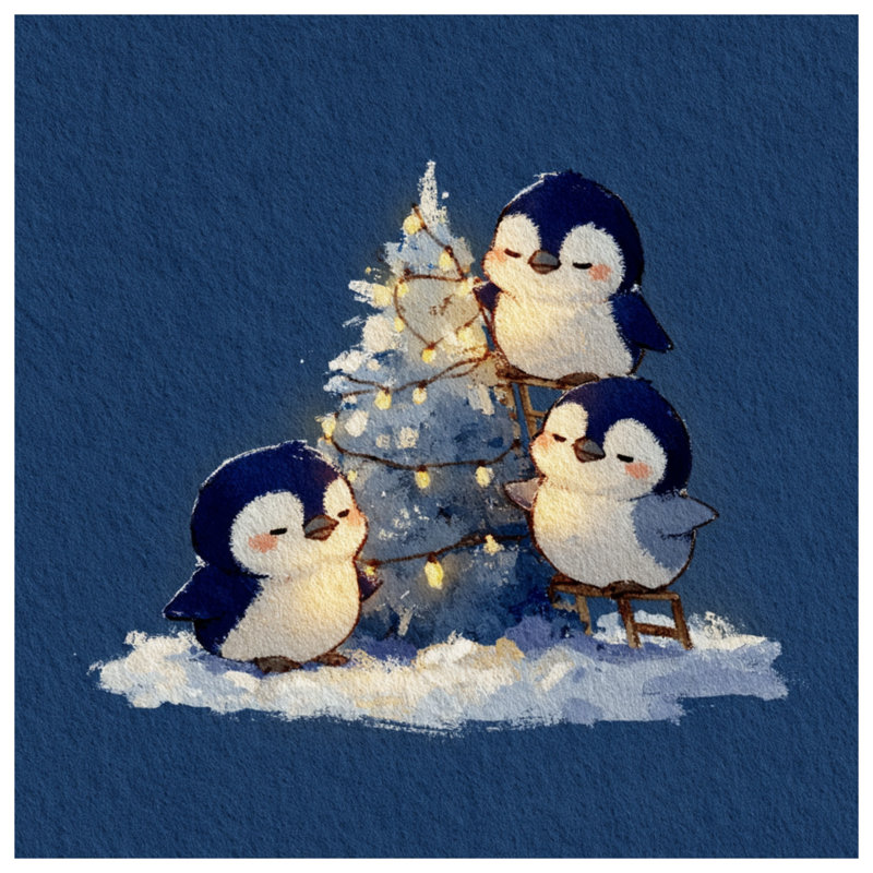 Penguins Decorating Tree Canvas Gallery Wrap in Many Sizes, 20 x 30 inches