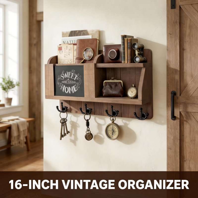 Porte-clés et porte-courrier de ferme pour mur - Organisateur de courrier avec tableau noir et 4 crochets - Rustic Home Decor